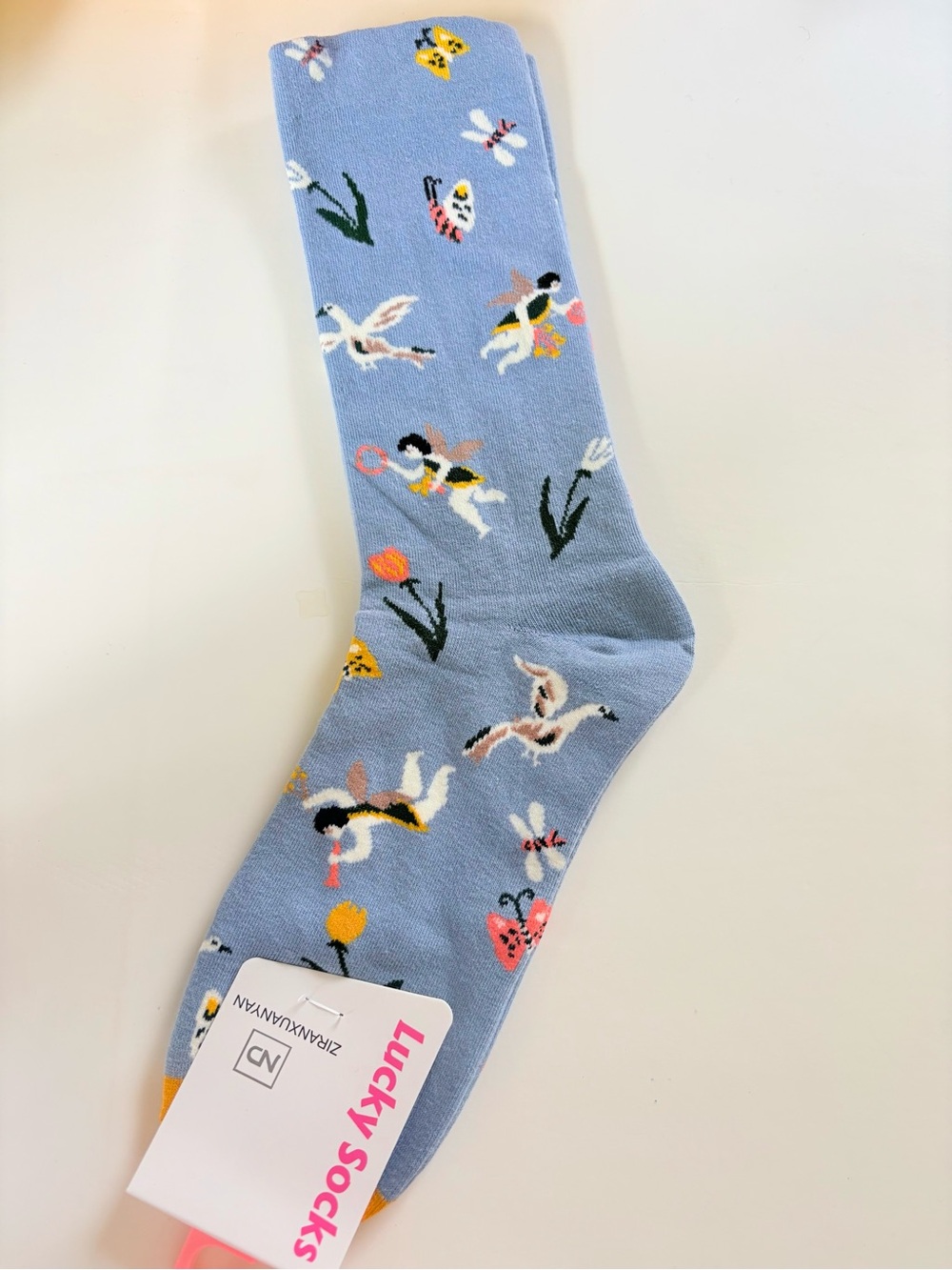 Lucky Socks Blue Novelty Crew Socks with Cherub & Floral Motif NWT Cute Gift